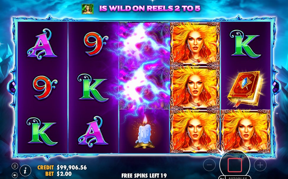 Green Witch wilds on reels 2-5 during Free Spins